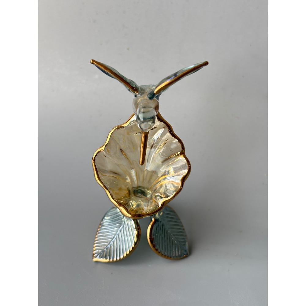 Vintage Hand Blown Glass Hummingbird on Flower Figurine Gold Trim 2.75"